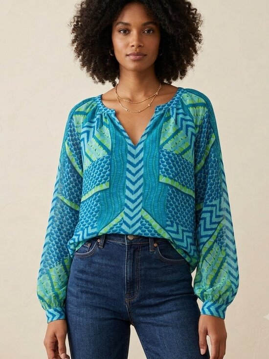 Hale Bob Tops - Hale Bob EUC Blue and Lime V-Neck Patterned Tunic